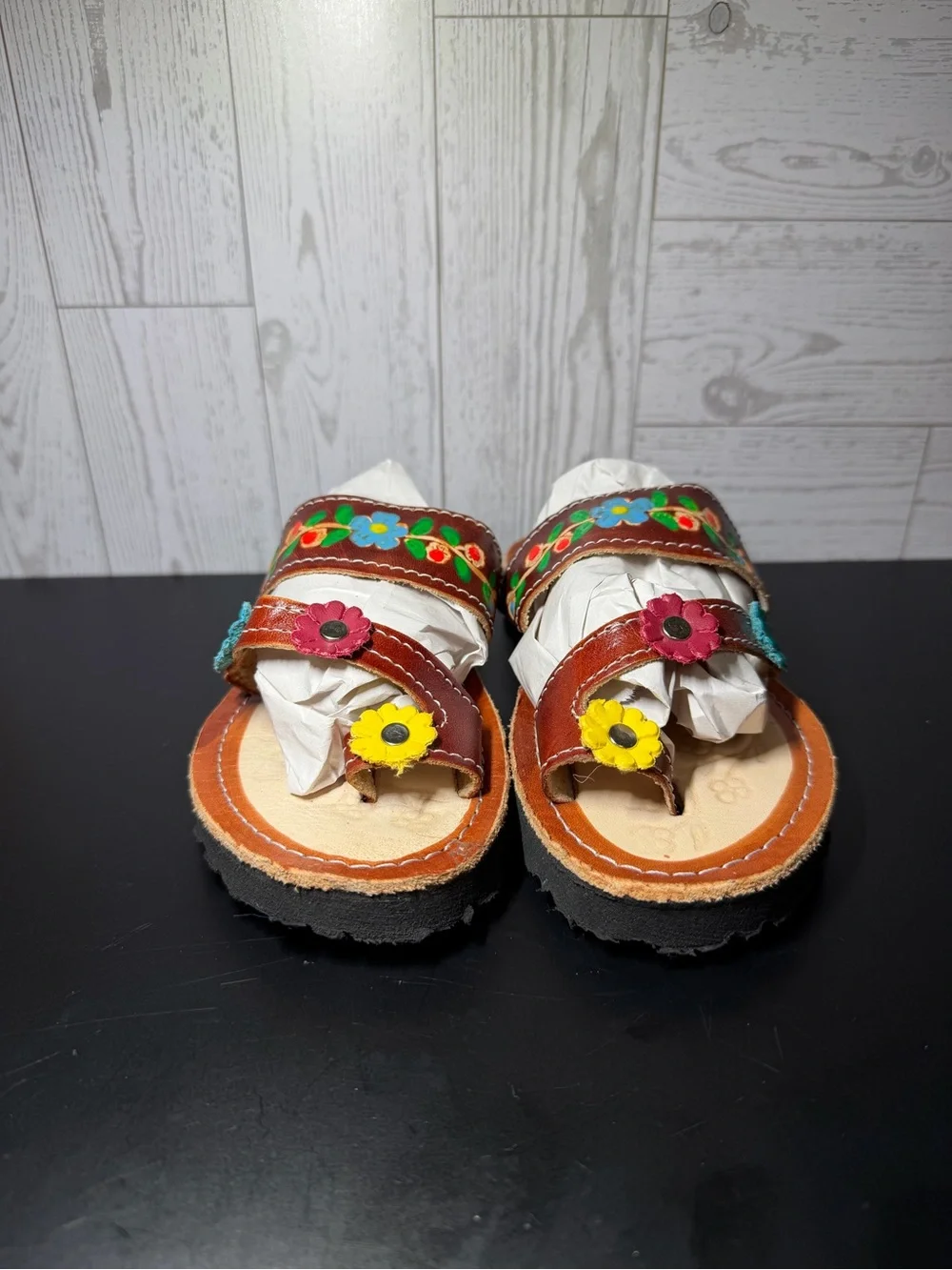 Kids Brown Leather Floral Sandals Size 8 Hand Painted Boho Slip On